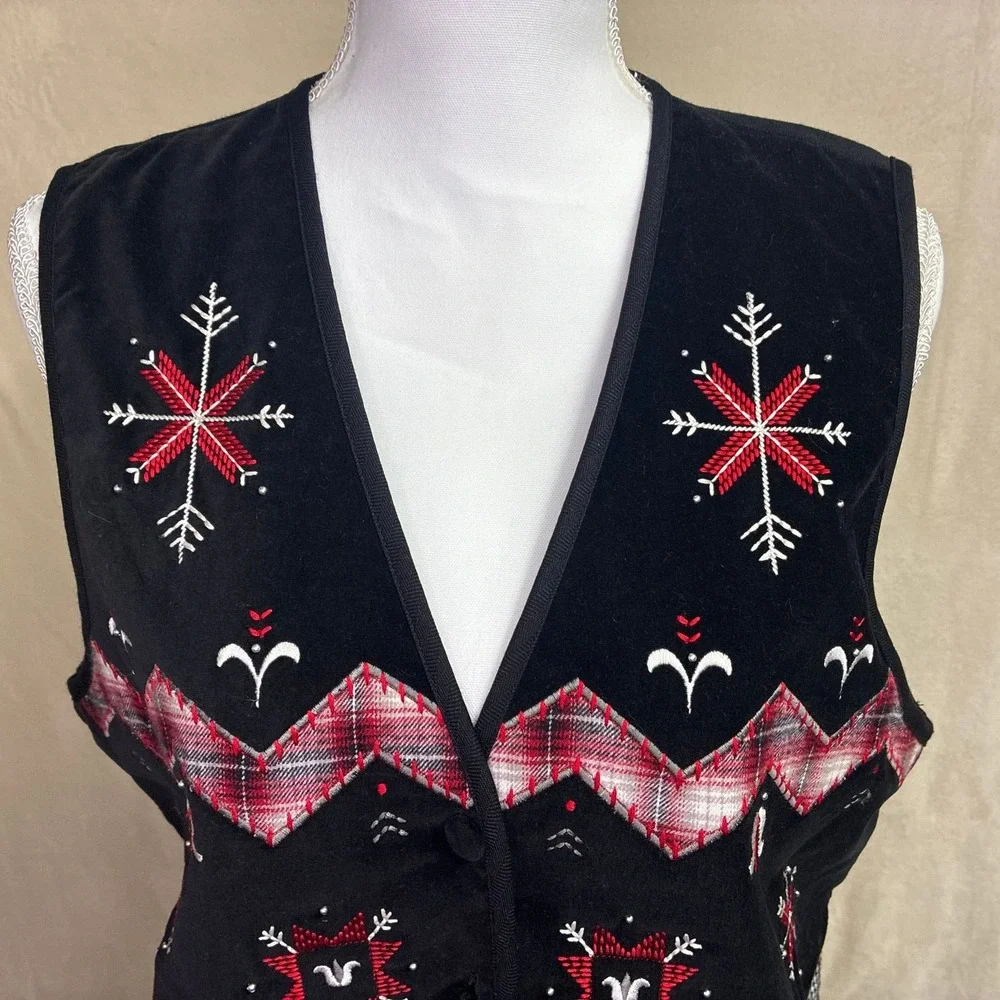 Vintage 90s Stephanie K Koret Holiday Vest Velvet Embroidered Snowflake M